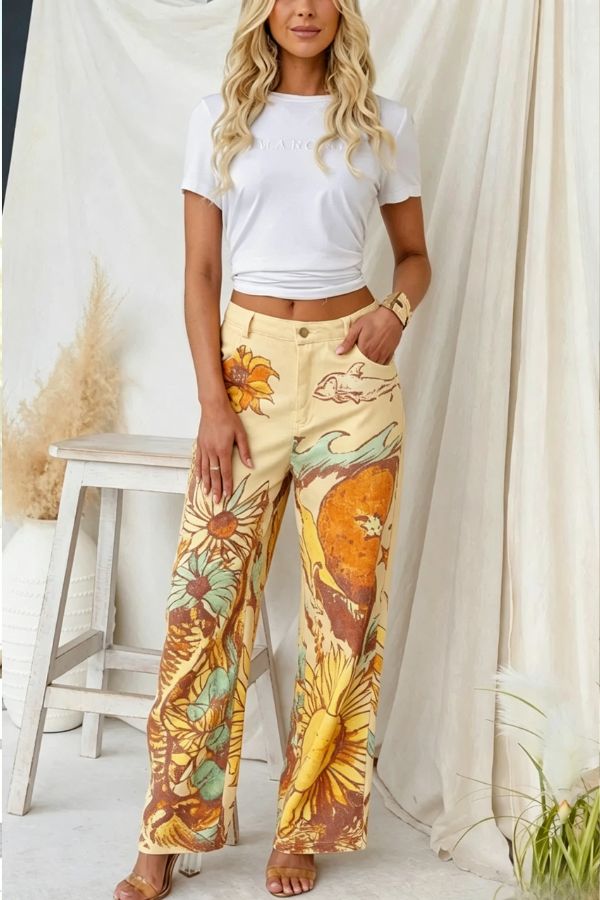 We The Free Playful Doodle Printed Mid Rise Pocket Wide Leg Pant
