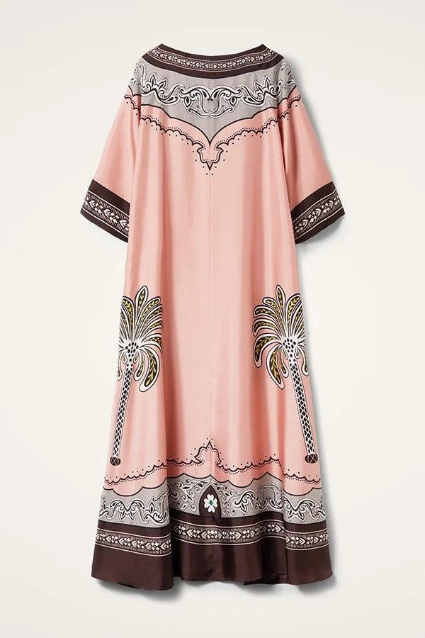 Satin Unique Print Casual V-neck Loose Holiday Maxi Dress