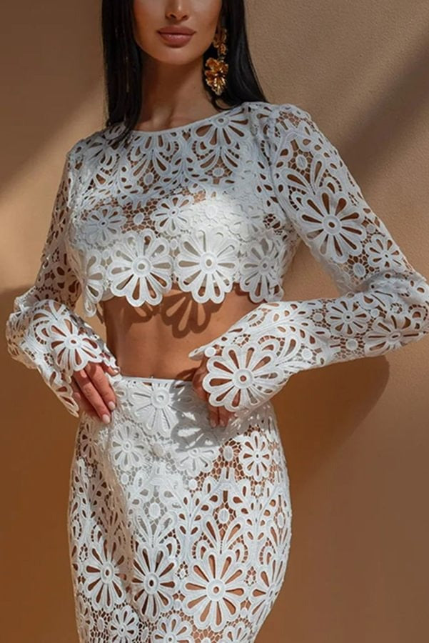 Balmy Summers Crochet Lace Floral Pattern Long Sleeve Crop Vacation Top White