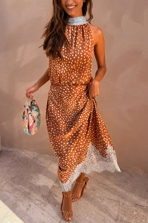 Halter Tie Lace Panel Polka Dot Top