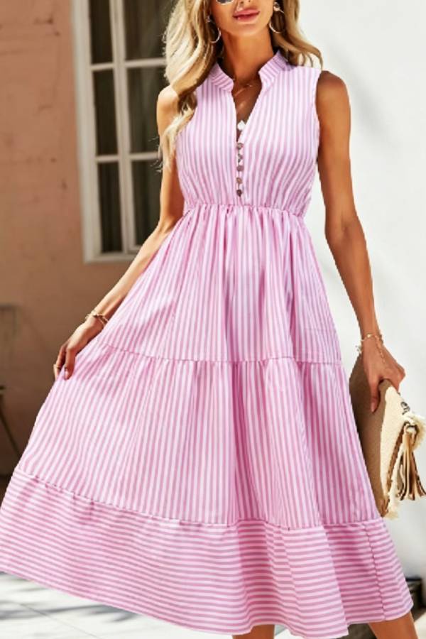 Multi-Color Striped V-Neck Sleeveless Waisted Tiered Maxi Dress