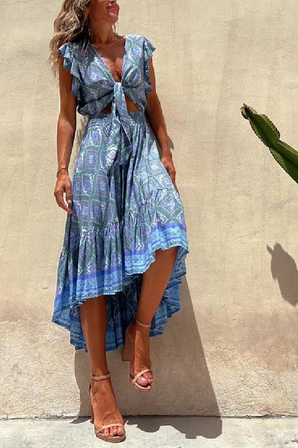 Libby Hippie Boho Printed Tie Front Ruffle Sleeve Smocked Waist Midi Dress Blue