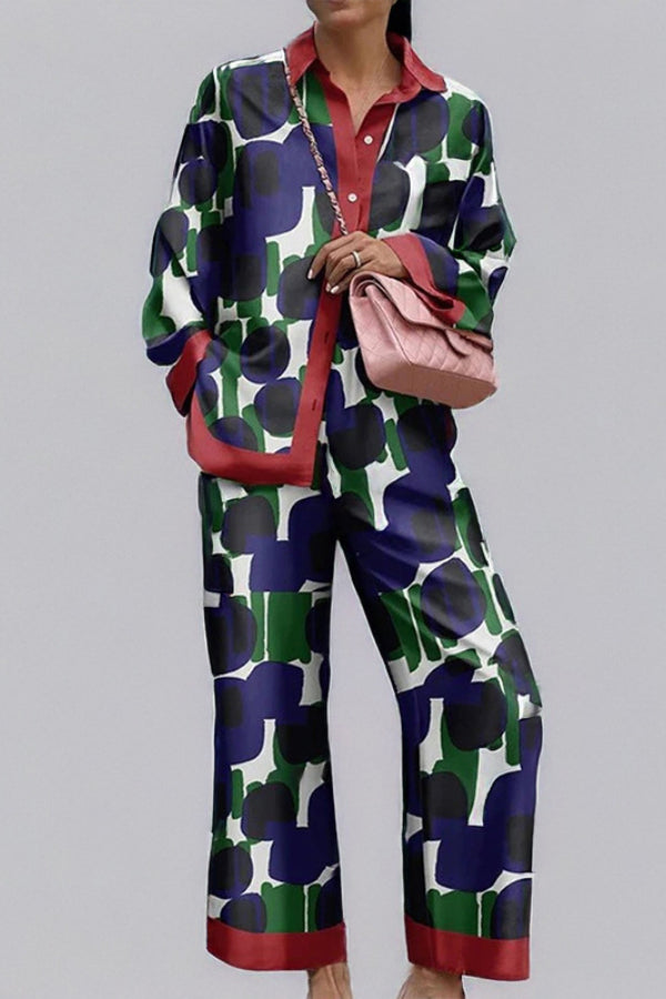 Loose Printed Long Sleeve Wide Leg Pants Fashion Suit Blue