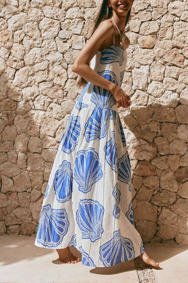 Blue-White Shell Print Thin Strap Flowy Vacation Maxi Dress