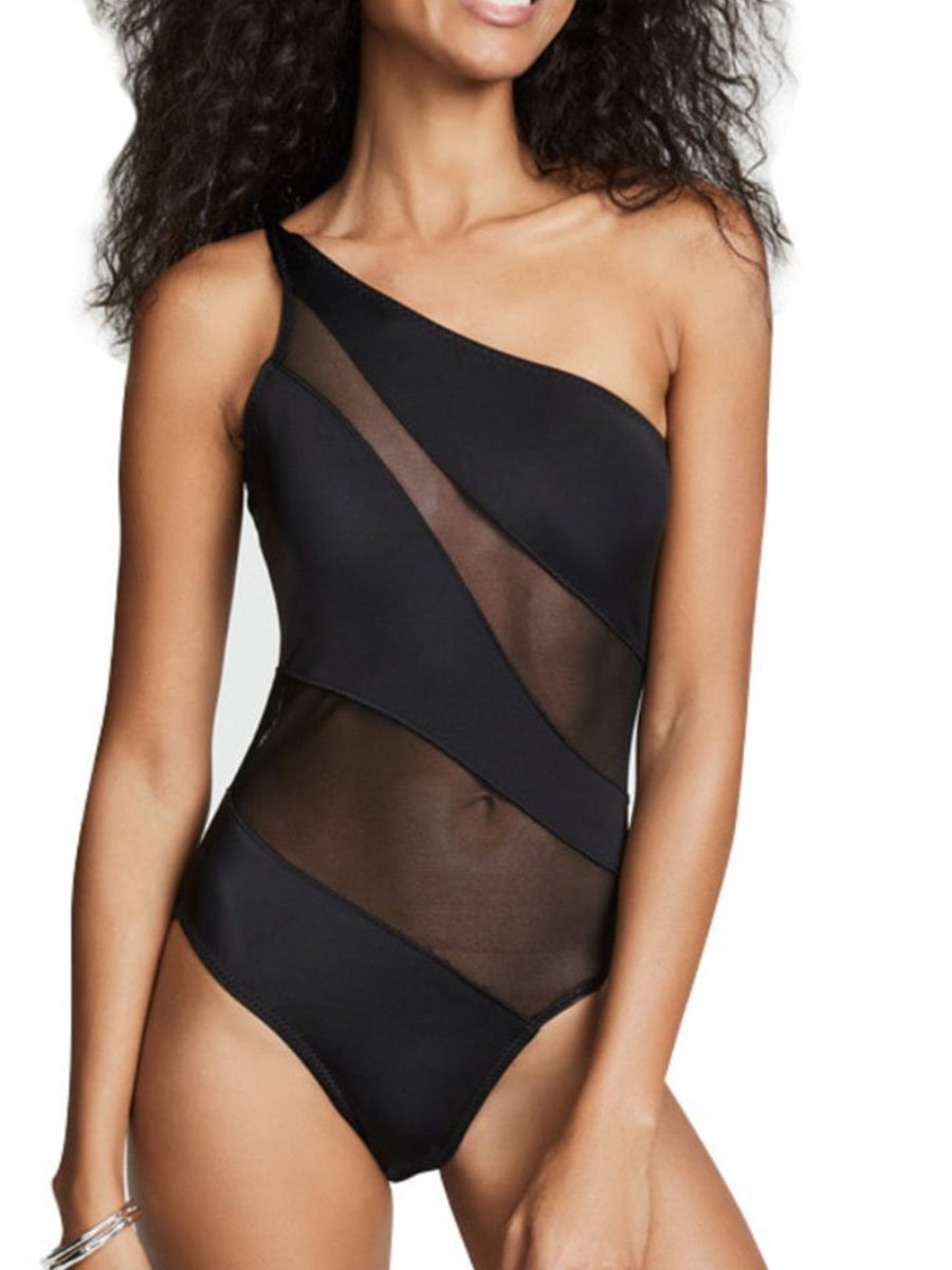 One Shoulder Patchwork Black One-piece Swimsuit Black