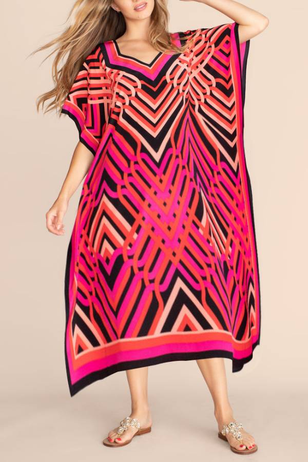 Multi-Color Printed V-Neck Kimono-Sleeve Maxi Kaftan