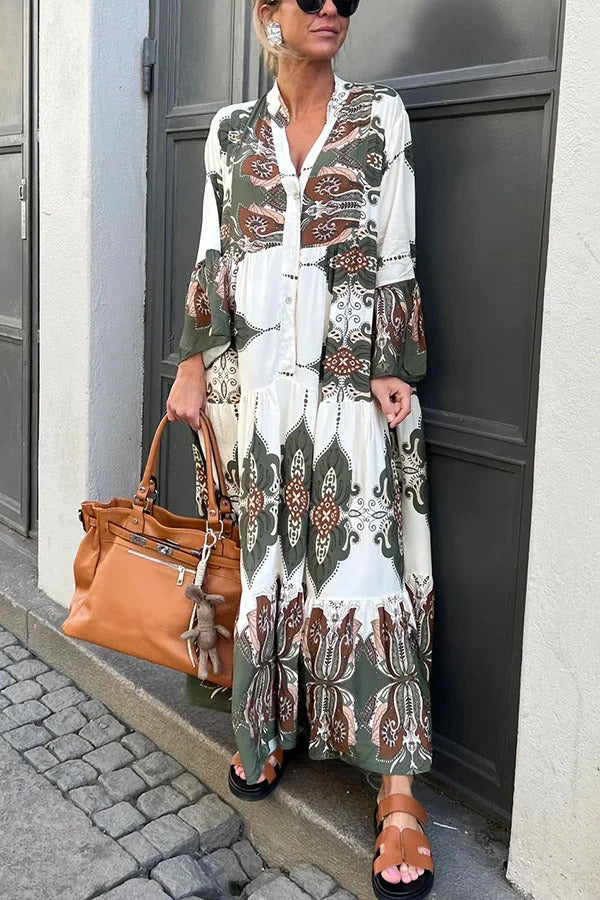 Gracie Paisley Print Button Up Bell Sleeve A-line Maxi Dress Green