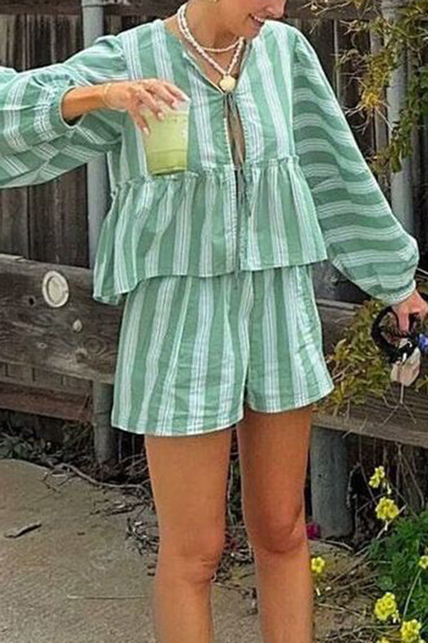 Stylish Striped Print V-neck Tie Top and Elastic Waist Loose Shorts Set Green