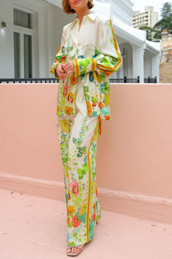 Satin Floral Print Back Elastic Waist Pocketed Wide Leg Pants Green