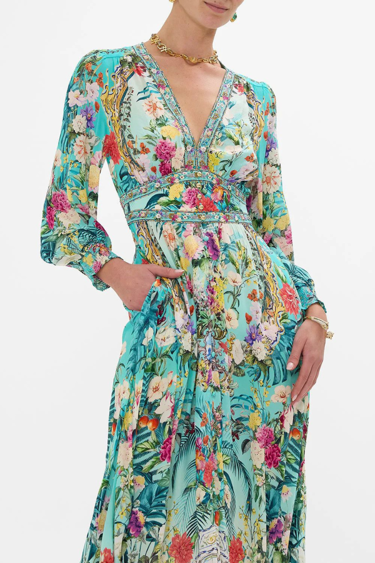 Printed V-neck Long-sleeved Puff Sleeve Waist Maxi Dress
