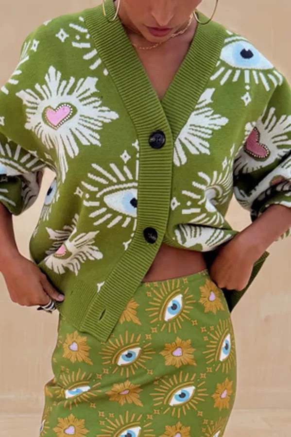 Mysterious Magic Knit Eye Heart Pattern Button Up Long Sleeve Loose Cardigan