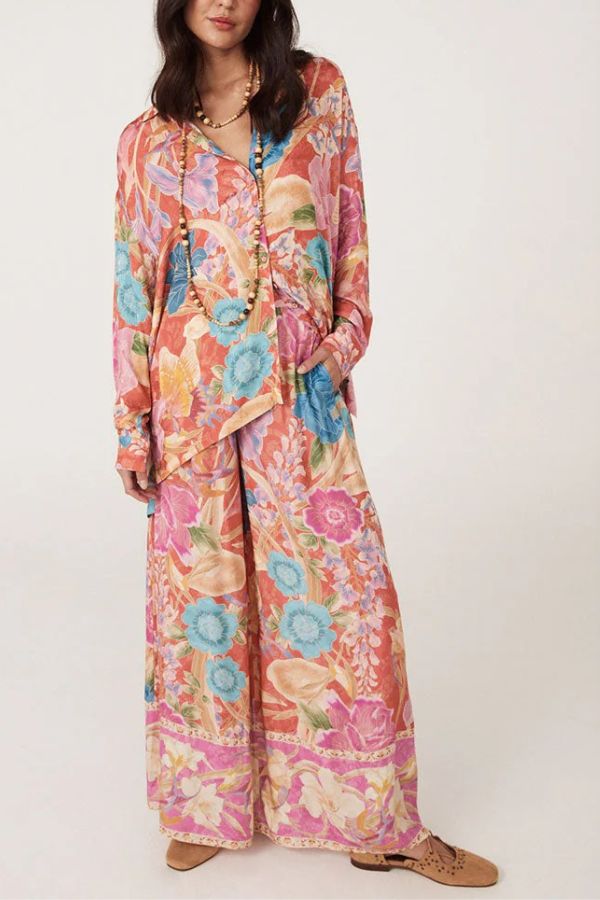 Painter's Garden Boho Floral Print Elastic Waist Pocketed Wide Leg Pants Red