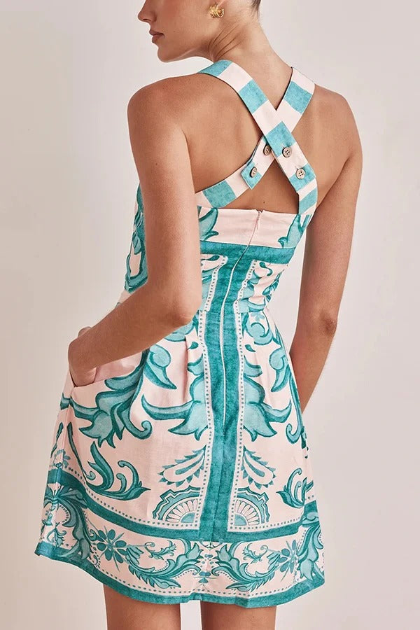 Summer Linen Blend Unique Print Wide Strap Pocket Mini Dress Green