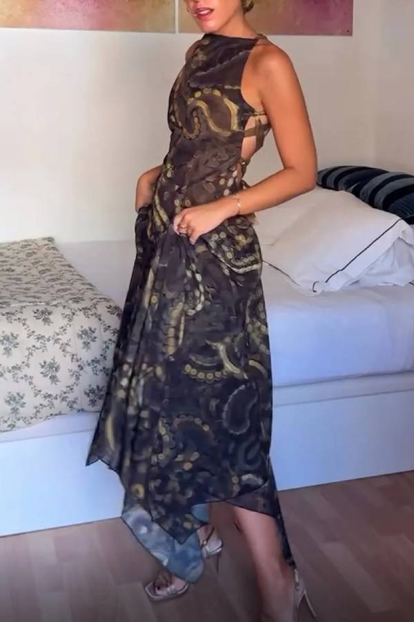 Abstract Print Halter Cutout Maxi Skirt Set