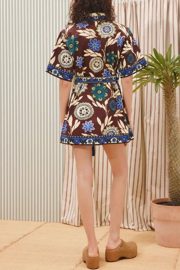 Vintage Bohemian Printed Belted Shirt Mini Dress