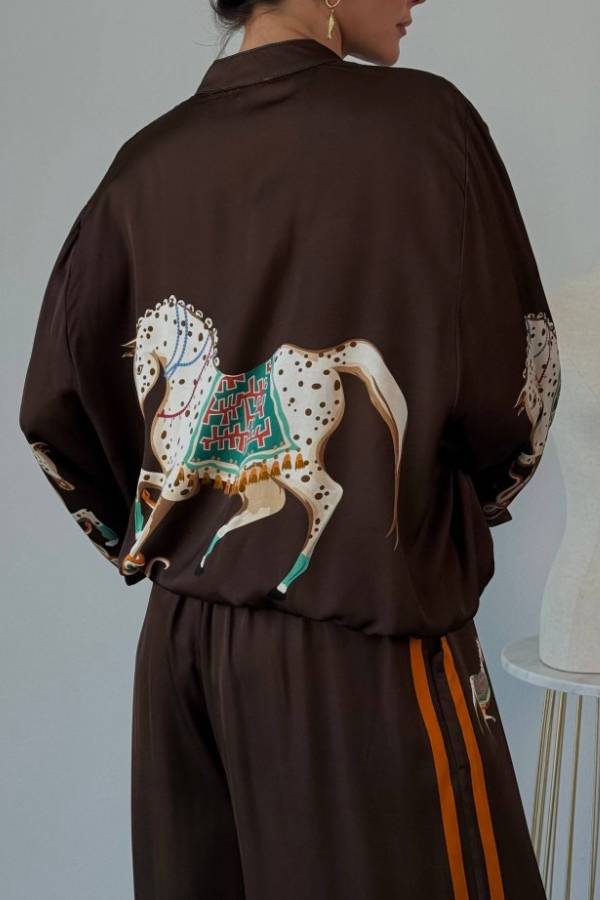 Artistic Satin Colorblock Horse Print Stand Nack Long Sleeve Pocket Zipper Jacket