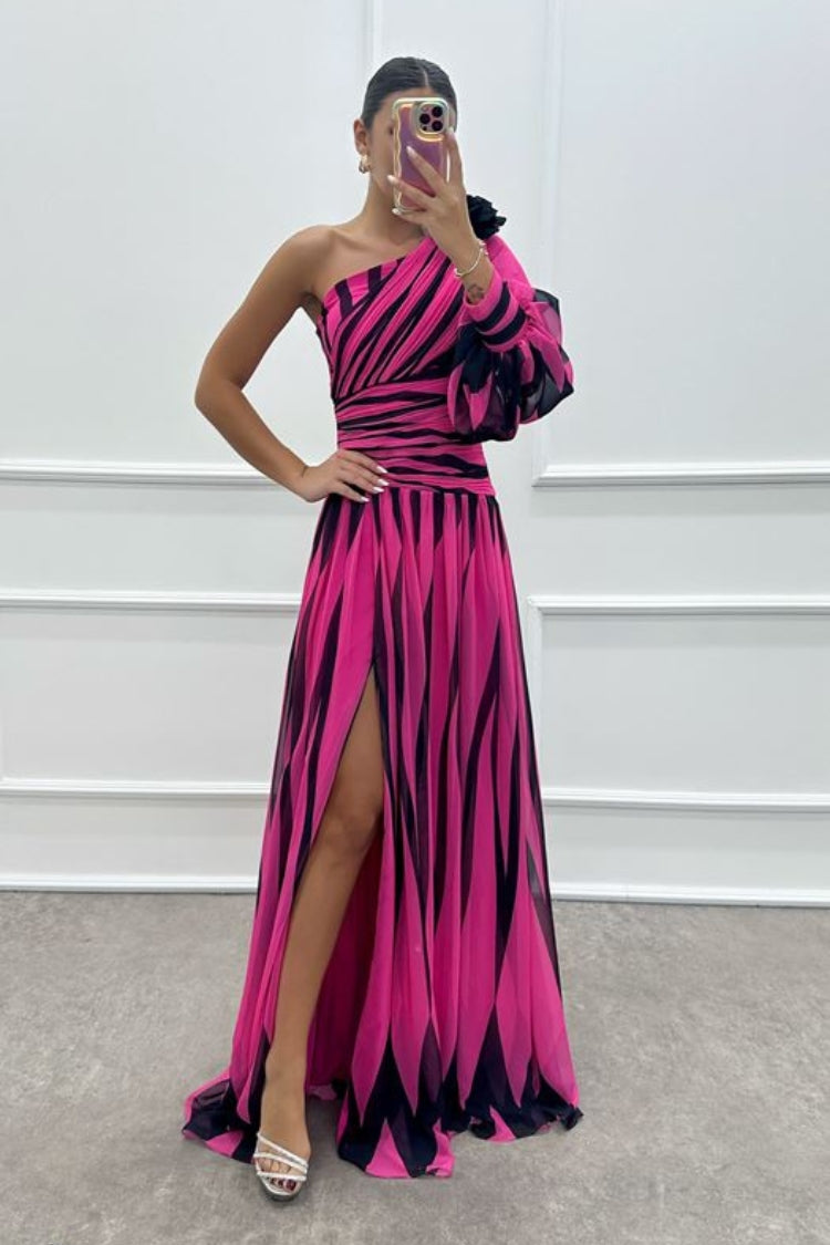 One-Shoulder Rose Detail Patterned Design Dress Pink