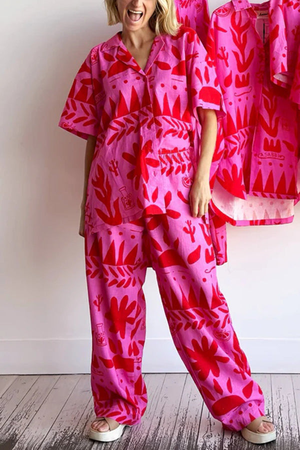 Altos Unique Printed Pocket Shirt and Elastic Waist Pants Set Pink