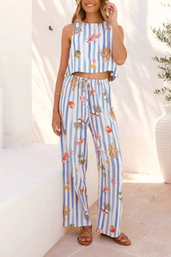 Fashionable and versatile linen sleeveless striped suit Blue