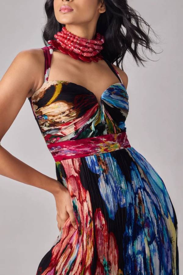 Halter Sweetheart Neck Oil‑Painting Floral Pleated Maxi Dress