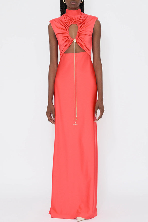 Genis Hollow Elastic Bust High Neck Sleeveless Gathered Maxi Dress Red