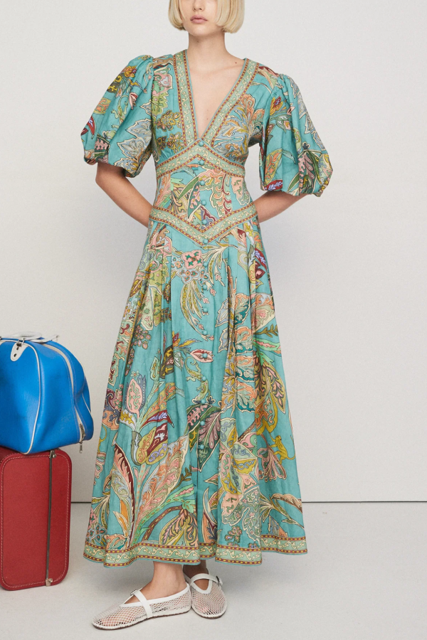 Retro V-neck Puff Sleeve Floral Print Midi Dress Green