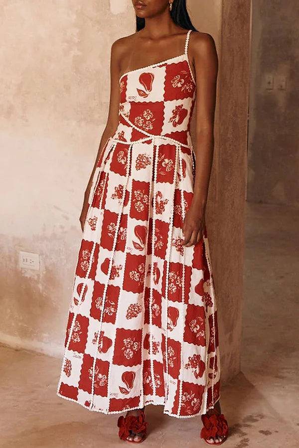 Kyoho Linen Blend Ric Rac Trims Unique Print One Shoulder Flared Maxi Dress Red