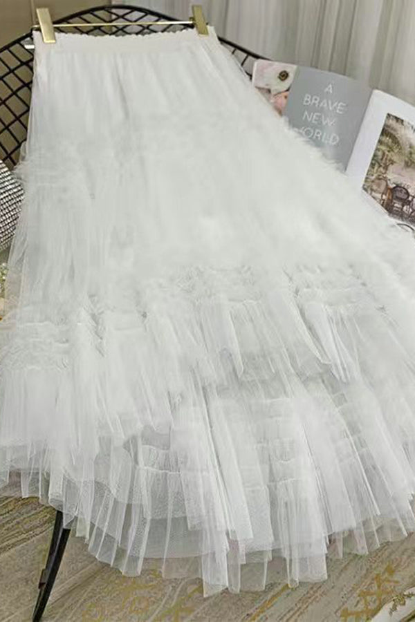 Elegant Mood Tulle Pleated Ruffle Elastic Waist Tiered Midi Skirt White