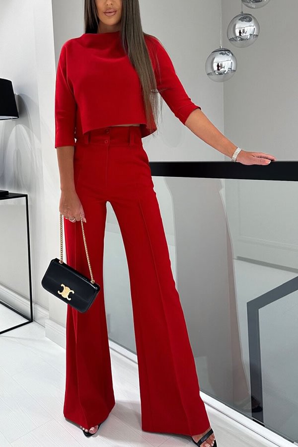 Classic Elegant Statement Loose-cut Shirt and High Rise Wide Leg Pants Set Red