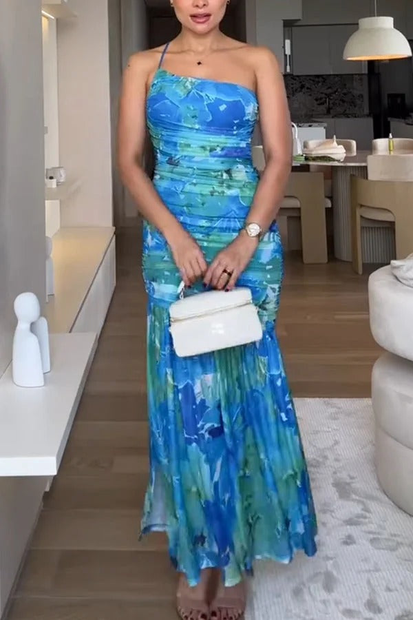 Bonnie Mesh Overlay Floral Print One Shoulder Ruched Stretch Maxi Dress Blue