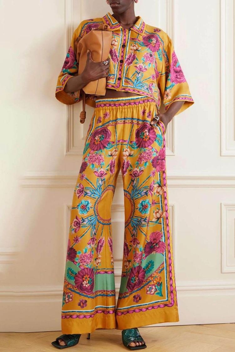 Sunset Cropped Unique Floral-Print Shirt And Loose Wide-Leg Pants Multicolor