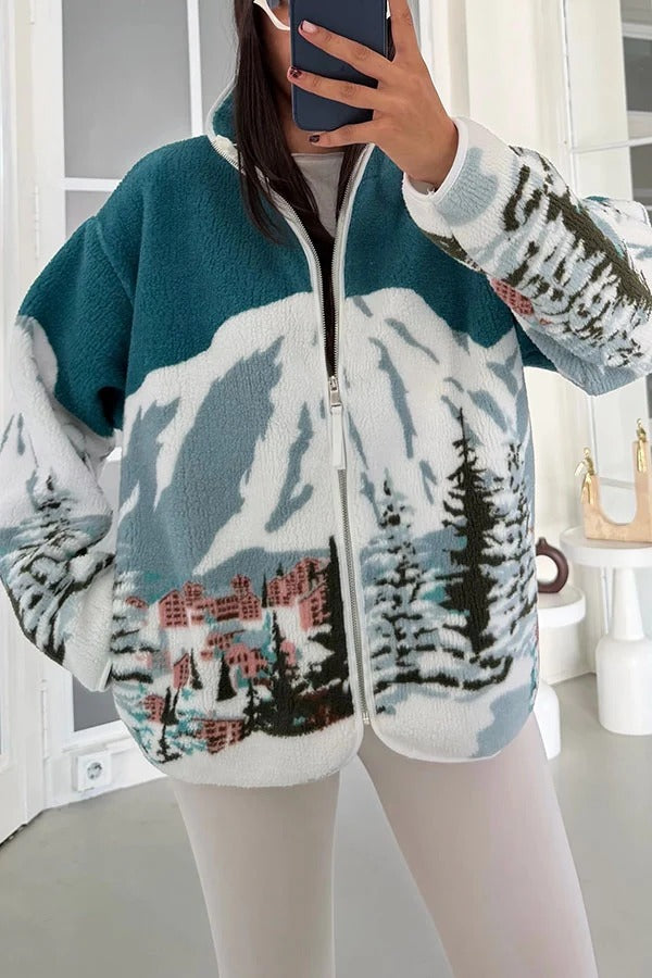Snow Village Fleece Unique Print Zipper High Neck Long Sleeve Pocket Coat
