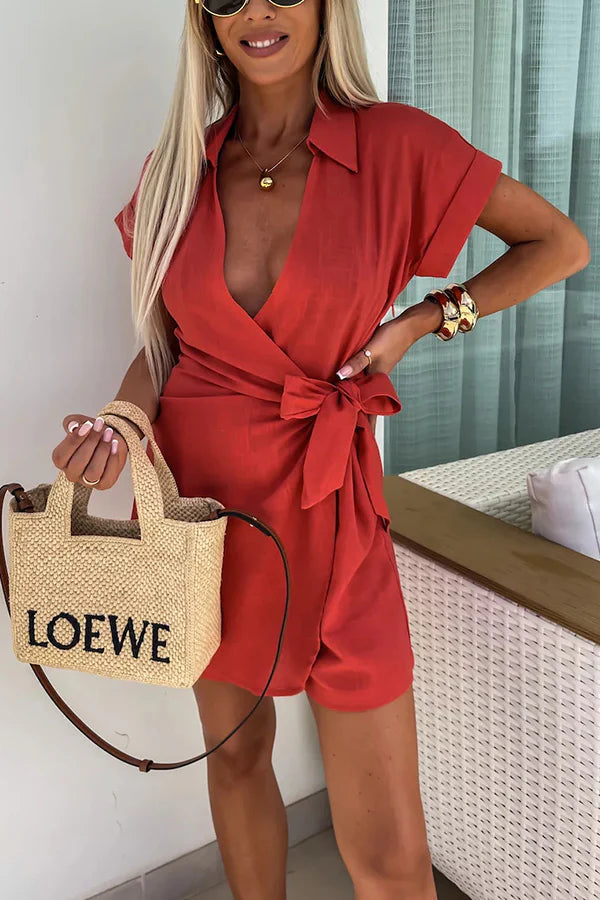Relaxing Beach Linen Blend Solid Color Wrap Loose Shirt Romper Red