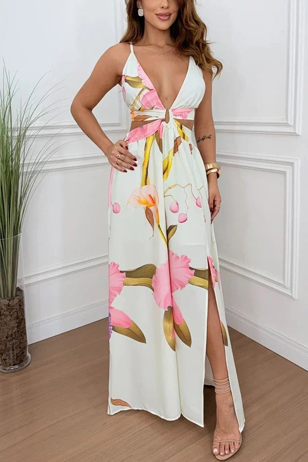 Seinah Floral Print Cutout Waist Open Back Lace-up Slit Maxi Dress
