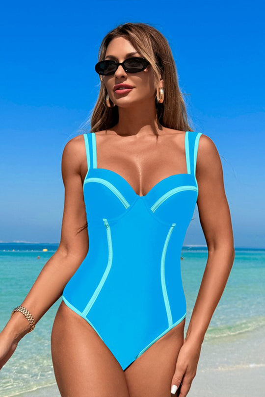 One-piece Patchwork Strap Swimsuit Sky blue