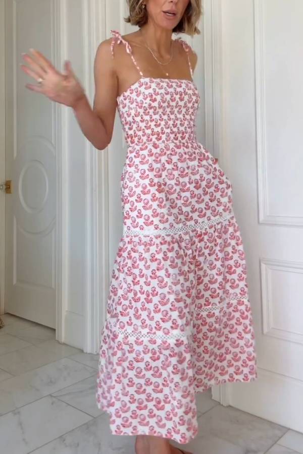 Red Floral Print Tie-Strap Lace Tiered Midi Dress
