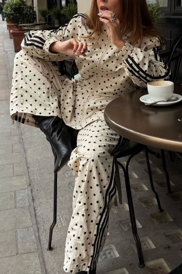 Polka Dot Peplum Tracksuit Two‑Piece Set