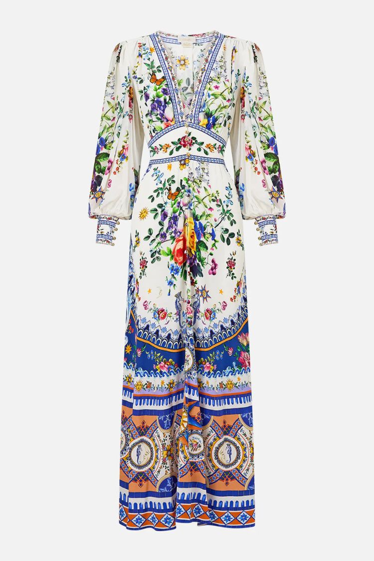 Printed V-neck Long-sleeved Puff Sleeve Waist Maxi Dress
