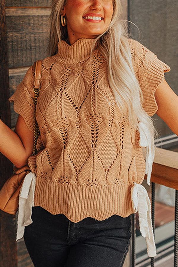 Light French Beige Hollowed Knit Scalloped Trim High Neck Sweater Light French Beige