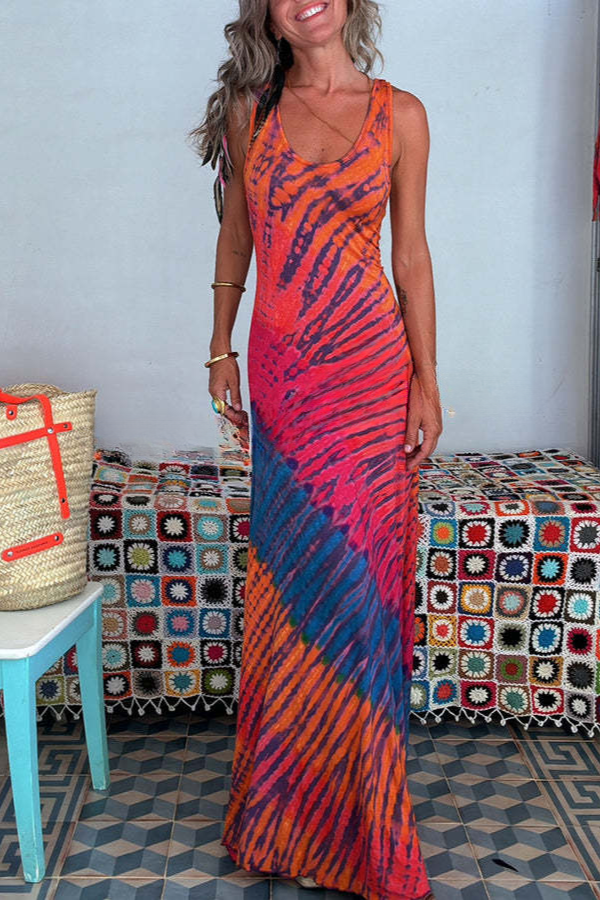 Tie-dye Print Back Lace-up Fishtail Hem Stretch Maxi Dress Pink