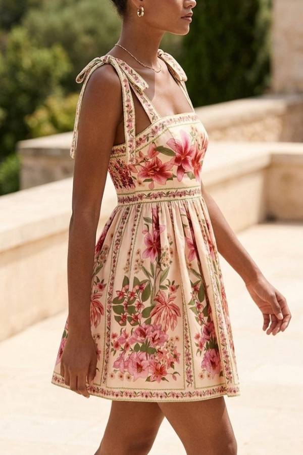 Vintage Floral Tie-Strap Mini Dress