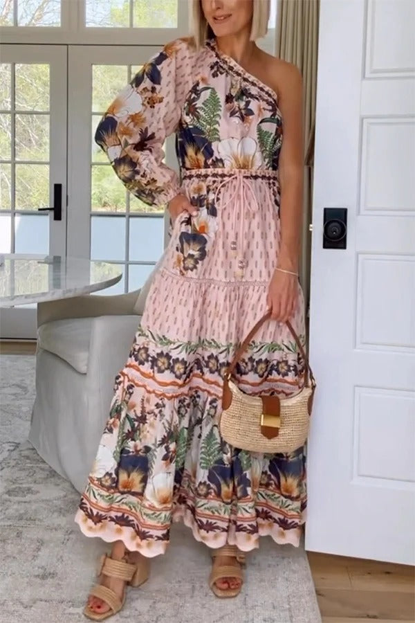 Dream Garden Unique Print One Shoulder Elastic Waist Pocket Maxi Dress Pink