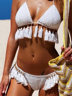 Spaghetti Strap Tassel Design Two Pieces Swimsuit (4 Colors) White