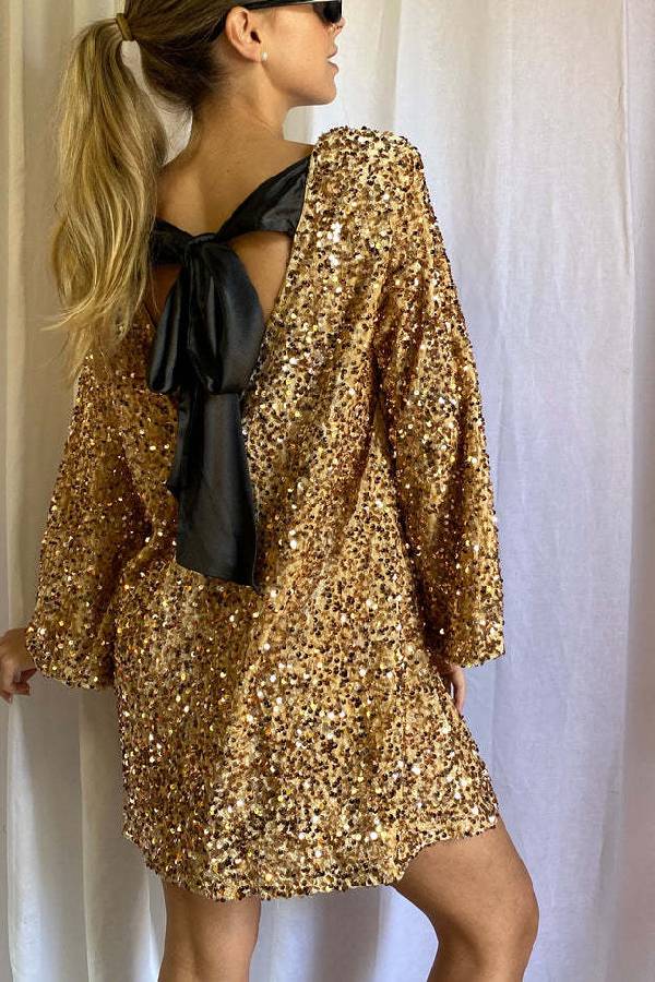 Dance All Night Sequin Back Tie Up Bow Loose Mini Dress Gold