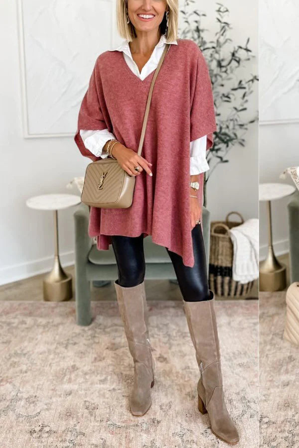 Super Comfortable and Versatile Knit Loose Poncho Sweater Pink