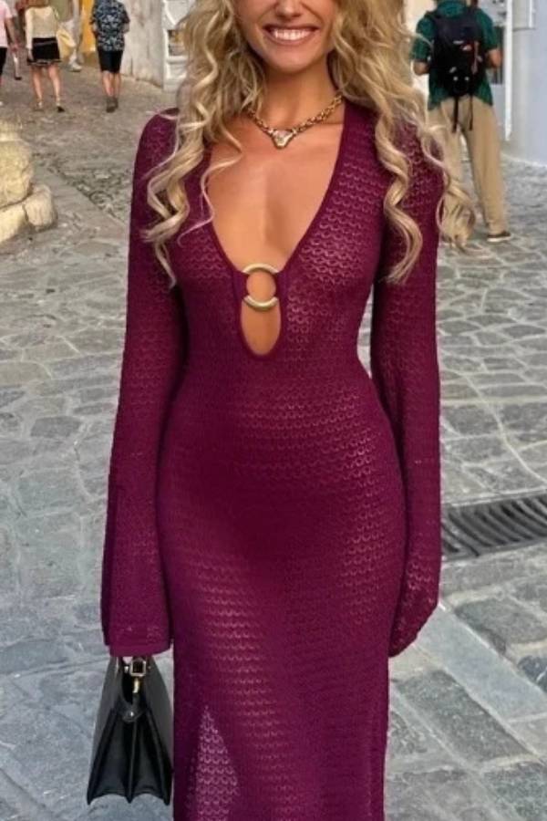 Deep V Metal Ring Cutout Long Sleeve Side Slit Knit Maxi Dress