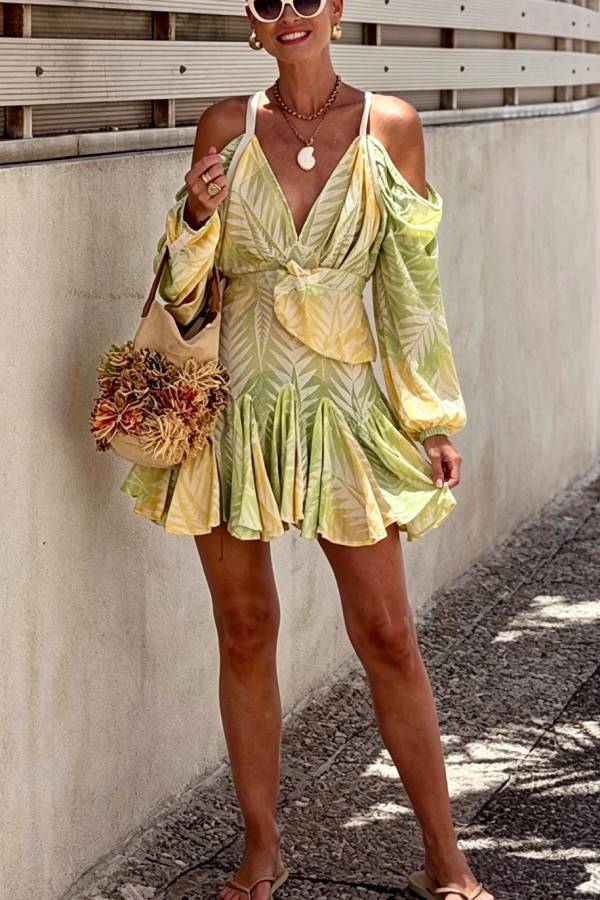 Isla Linen Blend Unique Print Cutout Balloon Sleeves Pleated Hem Mini Dress