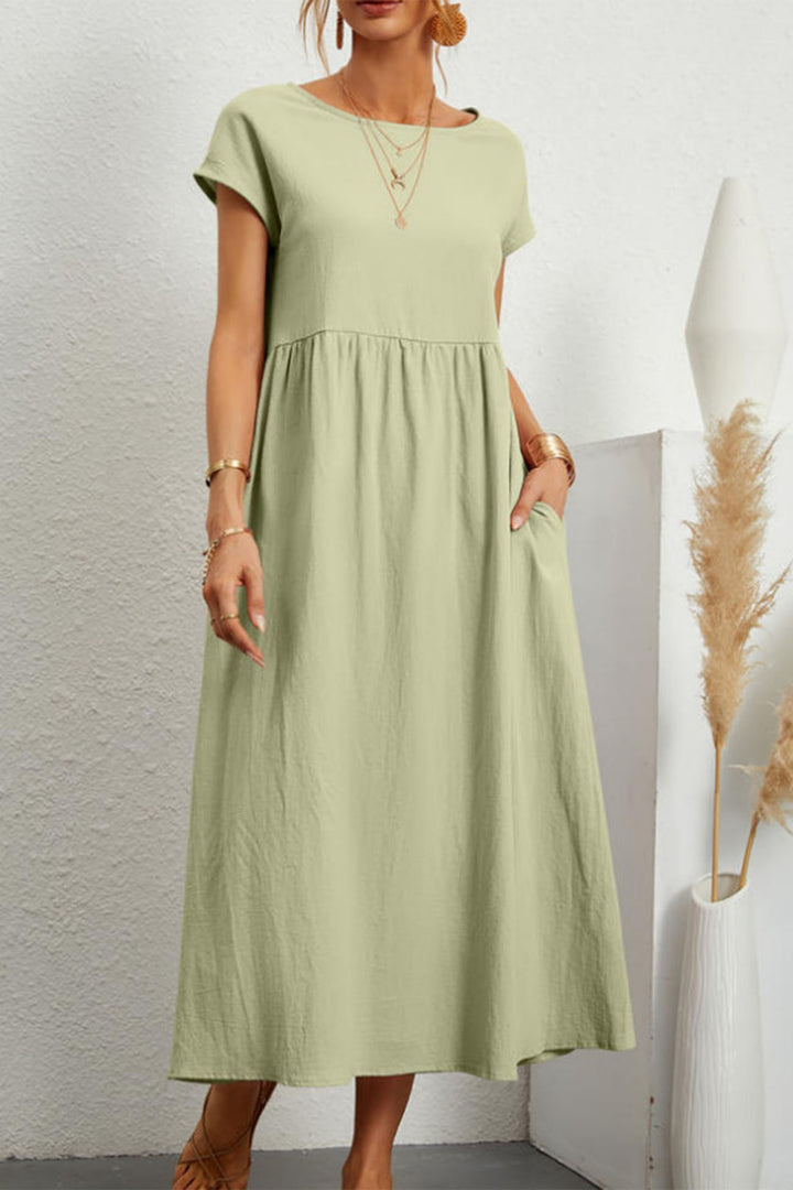 Cotton Linen Solid Short Sleeve Midi Dress Green