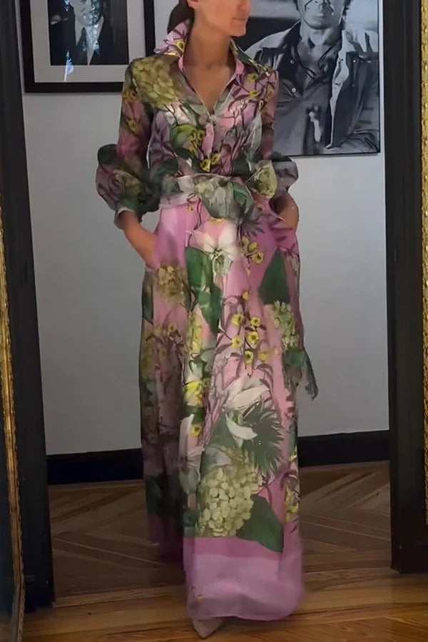 Seeds of Happiness Tulle Floral Print Elastic Waist Belt Pocketed Maxi Skirt Pink