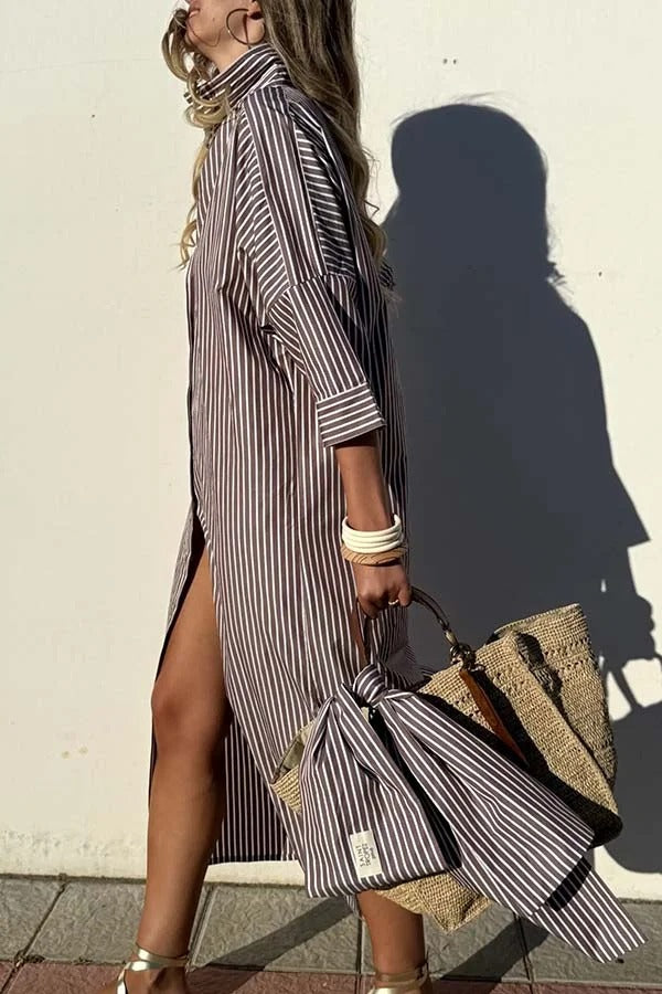 Robe chemise mi-longue boutonnée à rayures et manches mi-longues avec ceinture et poche